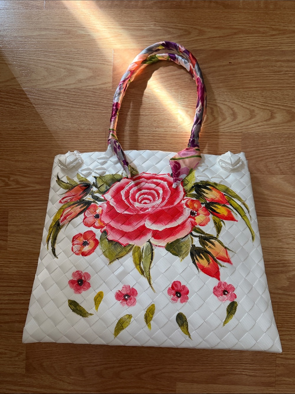 Floral Hand-Painted White Woven Recycled Plastic Tote Bag